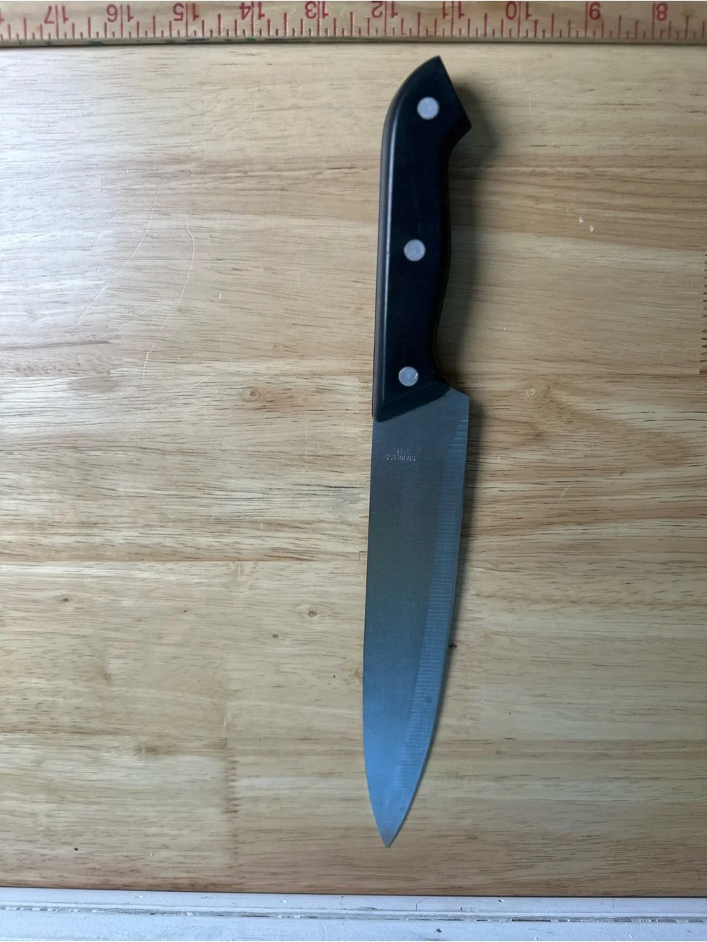 12.5” Stainless Chef Knife with Black Triple-Rivet Handle blade all thru wood